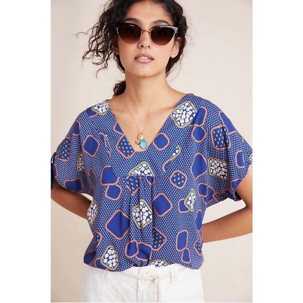 The Odells For Anthropologie Sierra Blue Geometric Tassel Blouse Size XS Boho